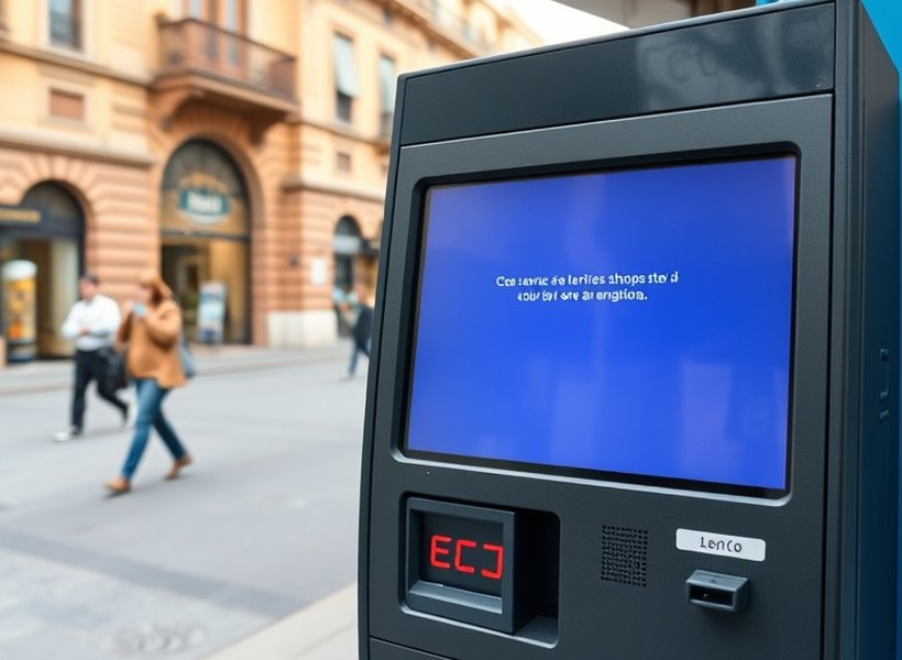 Antes — Terminal bloqueado por un error de aplicación y fuera de servicio.